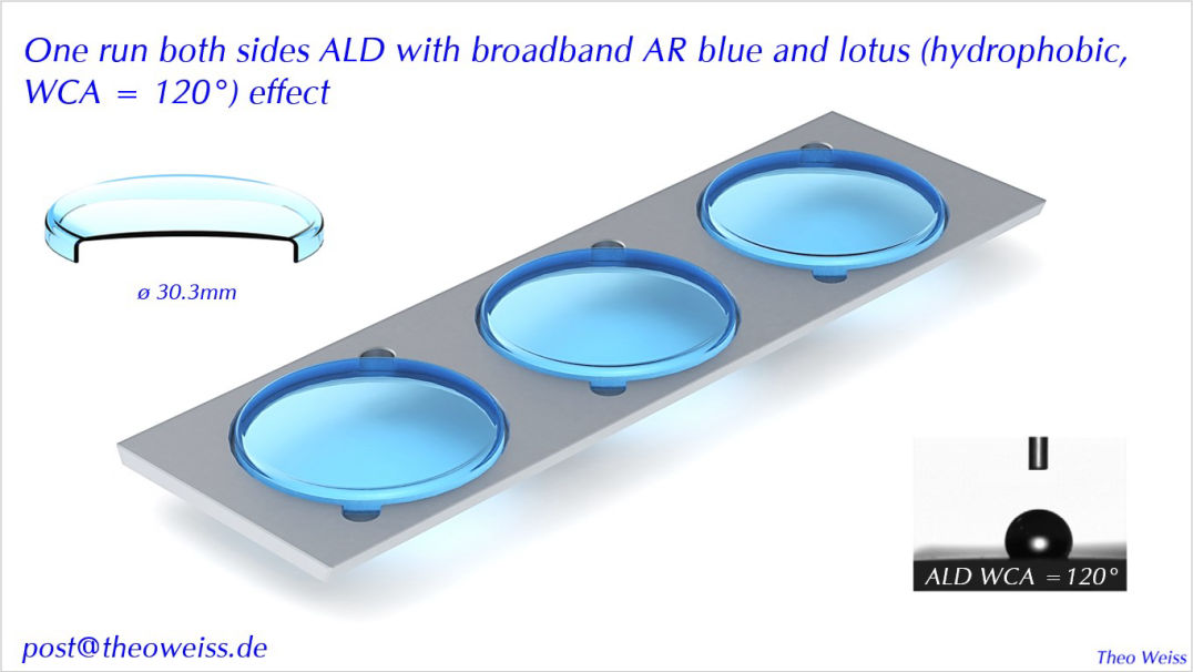 One run both sides ALD with broadband AR blue and lotus (hydrophobic, WCA = 120°) effect